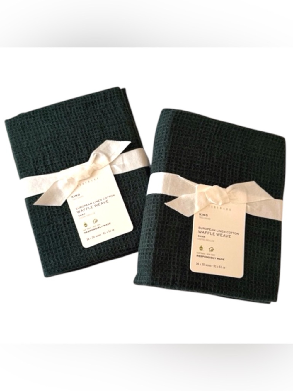 2 Pottery Barn European Linen Cotton WAFFLE WEAVE KING Shams Pine Dark Green NWT